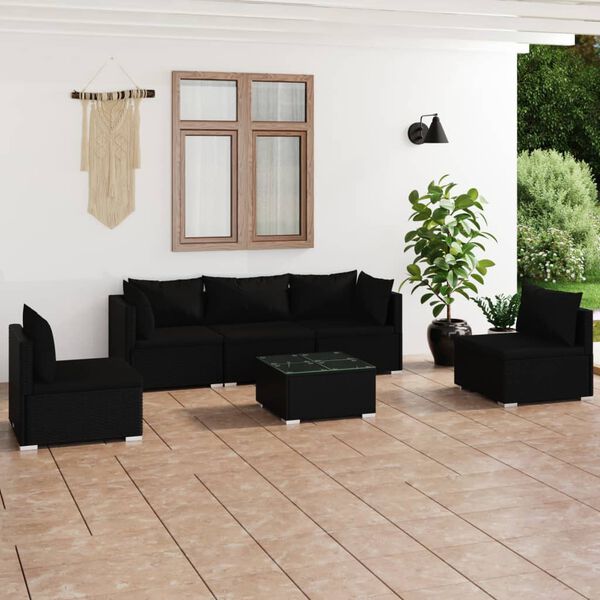 vidaXL 6 pcs conjunto lounge de jardim c/ almofadões vime PE preto