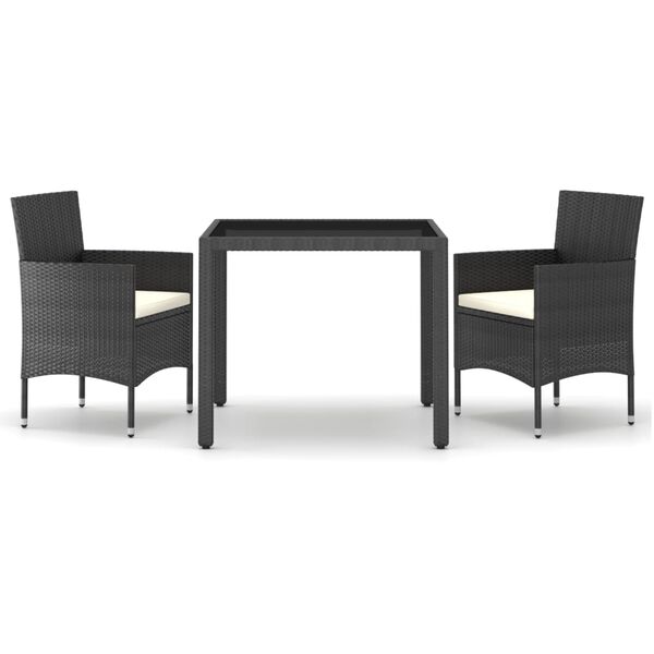 vidaXL 3 pcs conjunto jantar p/ jardim vime PE e vidro temperado preto