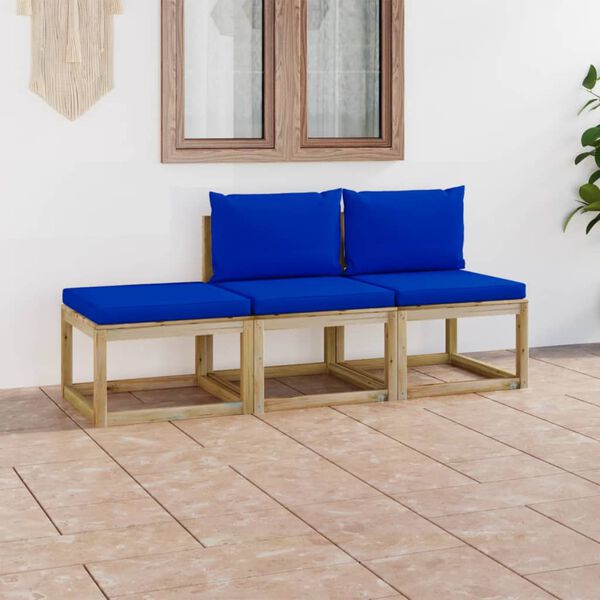 vidaXL Conjunto lounge de jardim 3 pcs com almofad&otilde;es azuis