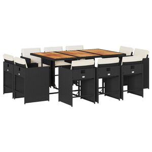 vidaXL 11 pcs conjunto de jantar p/ jardim c/ almofad&otilde;es vime PE preto