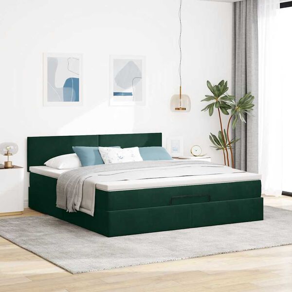 vidaXL Estrutura de cama otomana com colch&atilde;o verde escuro Veludo
