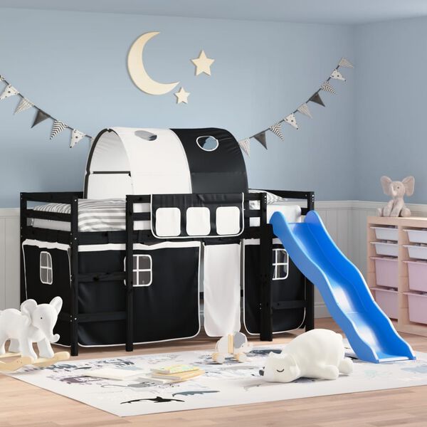 vidaXL Cama alta crian&ccedil;a c/ t&uacute;nel 90x190 cm pinho maci&ccedil;o branco/preto