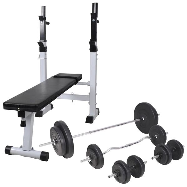 vidaXL Banco muscula&ccedil;&atilde;o c/ suporte p/ pesos + barras e halteres 90 kg