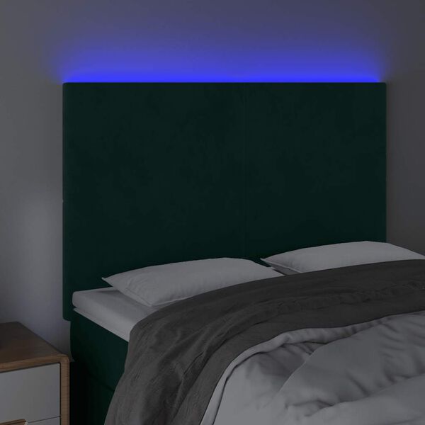 vidaXL Cabeceira de cama c/ LED veludo 144x5x118/128 cm verde-escuro