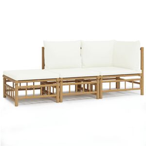 vidaXL 3 pcs conjunto lounge de jardim bambu c/ almofad&otilde;es branco nata