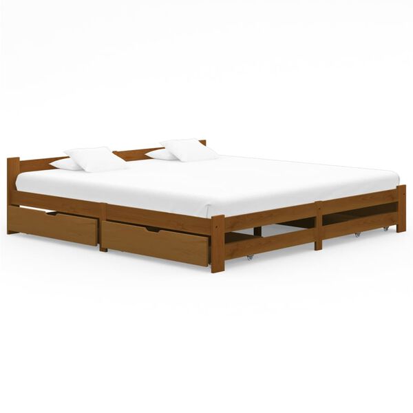vidaXL Estrutura cama c/ 4 gavetas 200x200cm pinho maciço castanho mel