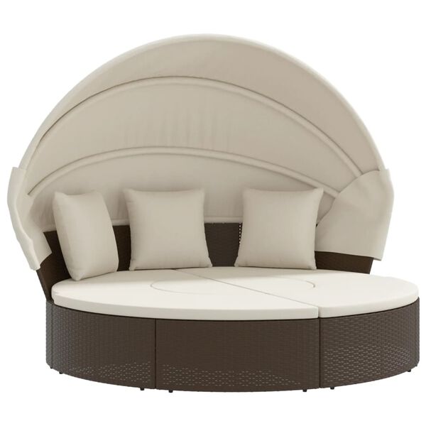 vidaXL Cama lounge de exterior c/ toldo e almofad&otilde;es vime PE castanho