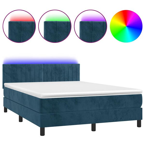 vidaXL Cama box spring c/ colch&atilde;o/LED 140x200 cm veludo azul-escuro