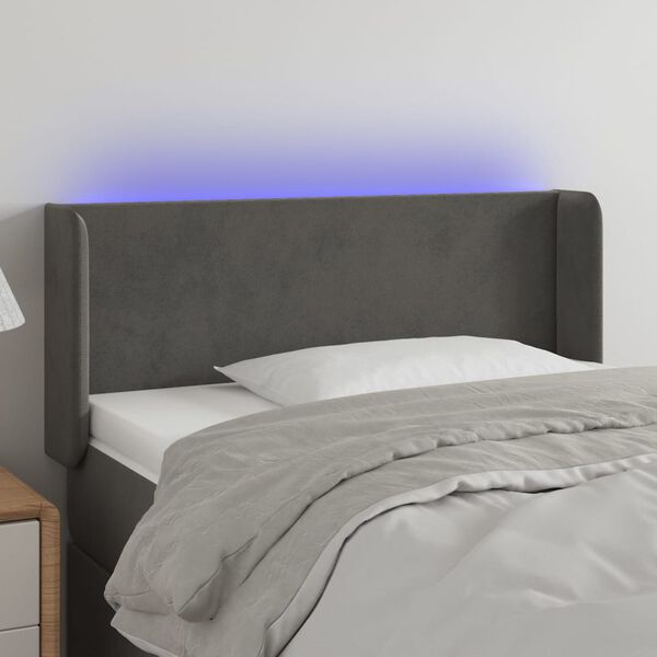 vidaXL Cabeceira cama c/ luzes LED veludo 83x16x78/88cm cinza-escuro