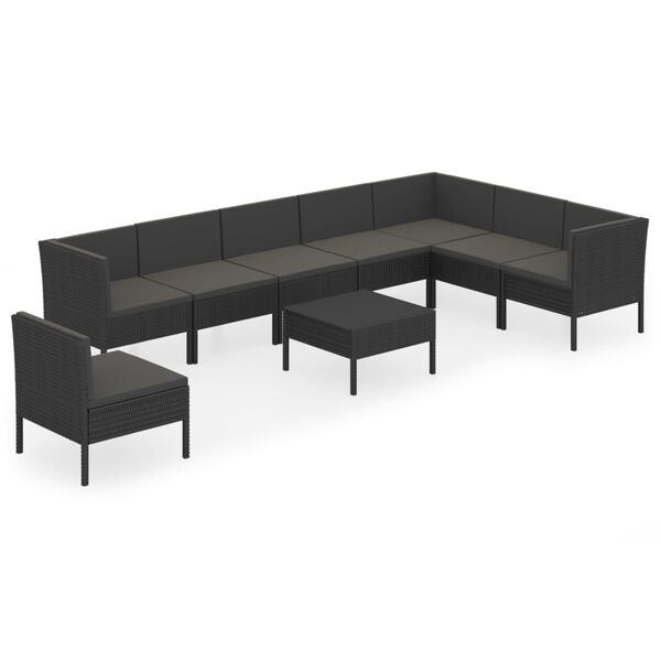 vidaXL 9 pcs conjunto lounge de jardim c/ almofad&otilde;es vime PE preto