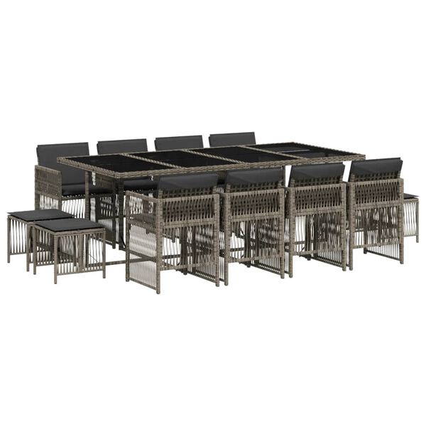 vidaXL 13 pcs conjunto jantar p/ jardim c/ almofad&otilde;es vime PE cinzento