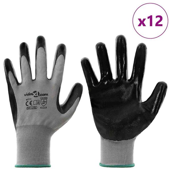vidaXL Luvas de Trabalho 12 pcs Cinza e Preto 11 / XXL Poli&eacute;ster