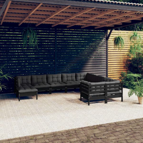 vidaXL 10 pcs conjunto lounge de jardim c/ almofad&otilde;es pinho preto