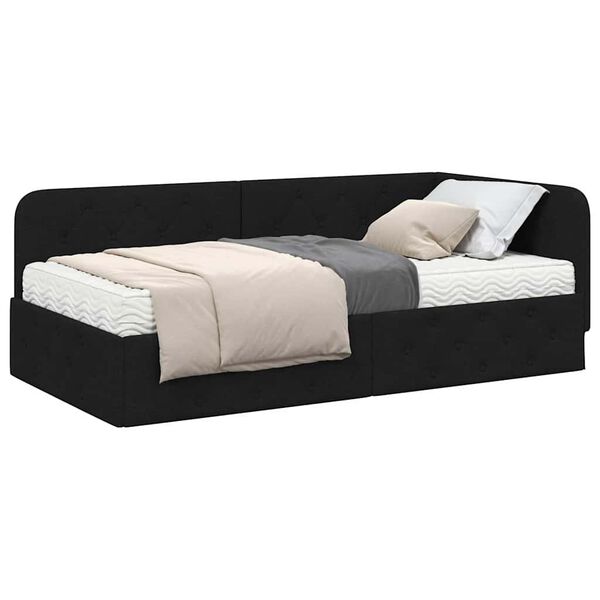 vidaXL Estrutura de Cama de Canto com colch&atilde;o Preto 90 x 190 cm tecido