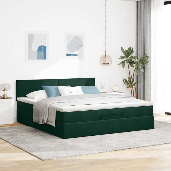 vidaXL Estrutura de cama otomana com colch&atilde;o 200x200 cm verde escuro