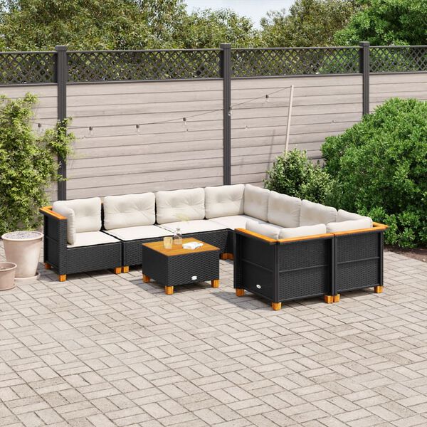 vidaXL 9 pcs conjunto de sof&aacute;s p/ jardim c/ almofad&otilde;es vime PE preto