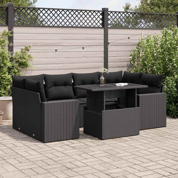 vidaXL 7 pcs conjunto de sof&aacute;s p/ jardim c/ almofad&otilde;es vime PE preto