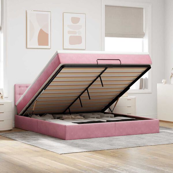 vidaXL Estrutura de cama otomana com colch&atilde;o 160x200 cm veludo rosa