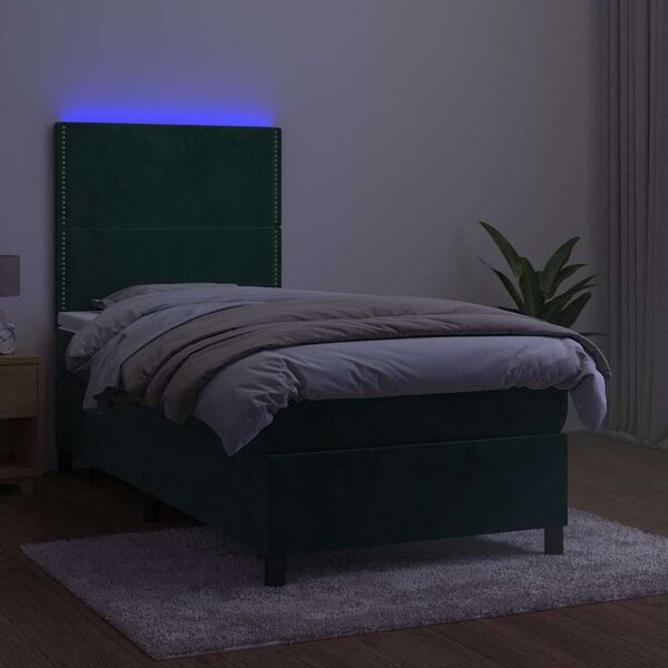 vidaXL Cama box spring c/ colch&atilde;o/LED 90x190 cm veludo verde-escuro