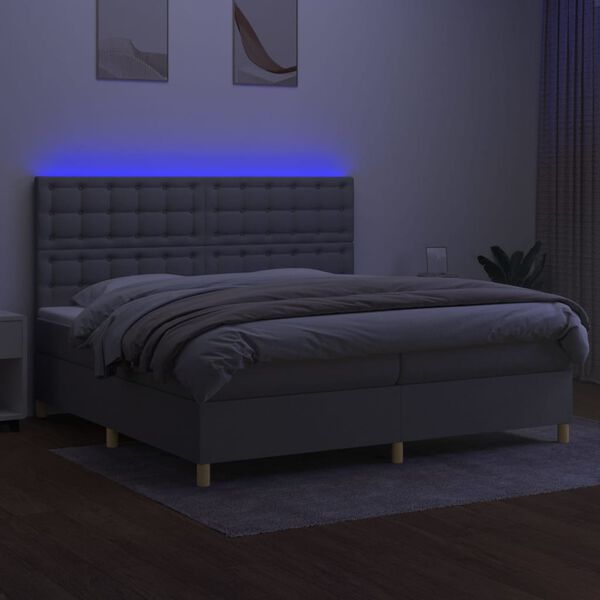 vidaXL Cama box spring c/ colch&atilde;o e LED 200x200 cm tecido cinza-claro