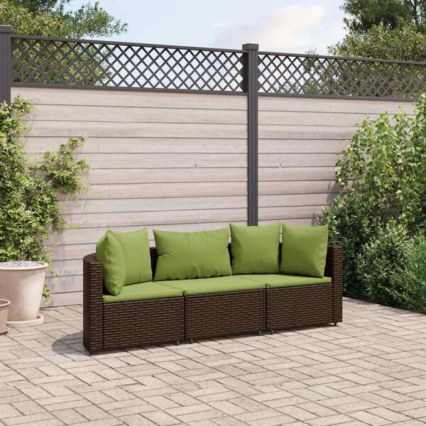 vidaXL 3 pcs conjunto sof&aacute;s de jardim com almofad&otilde;es vime PE castanho
