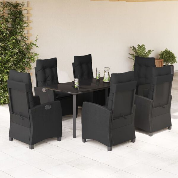 vidaXL 7 pcs conjunto de jantar p/ jardim c/ almofad&otilde;es vime PE preto