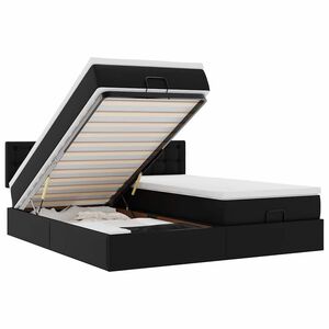 vidaXL Estrutura de cama otomana com colch&otilde;es pele artificial preta