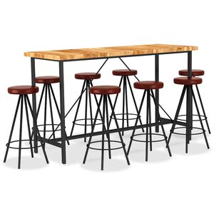 vidaXL 9 pcs conjunto de bar madeira de ac&aacute;cia maci&ccedil;a e couro genu&iacute;no