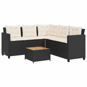 vidaXL Sof&aacute; de jardim em forma de L c/ mesa e almofad&otilde;es vime PE preto