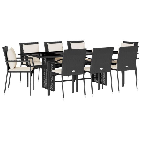 vidaXL 9 pcs conjunto de jantar p/ jardim c/ almofad&otilde;es vime PE preto