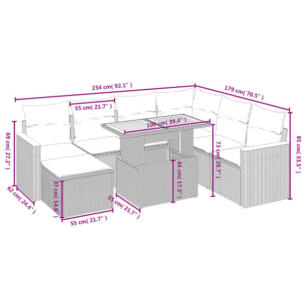 vidaXL 8 pcs conjunto sof&aacute;s de jardim c/ almofad&otilde;es vime PE cinzento