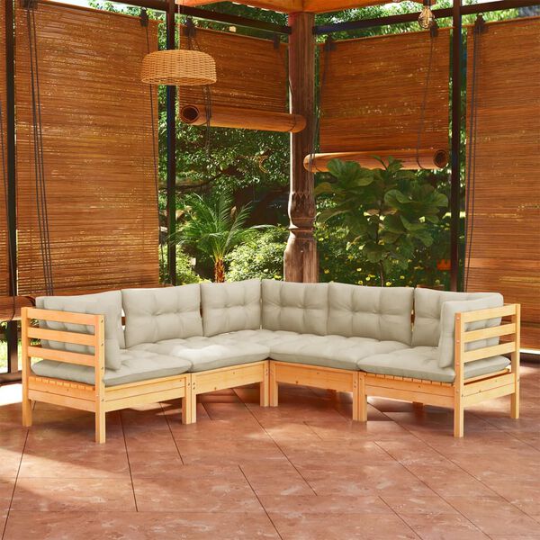 vidaXL 5 pcs conjunto lounge jardim c/ almofad&otilde;es creme pinho maci&ccedil;o
