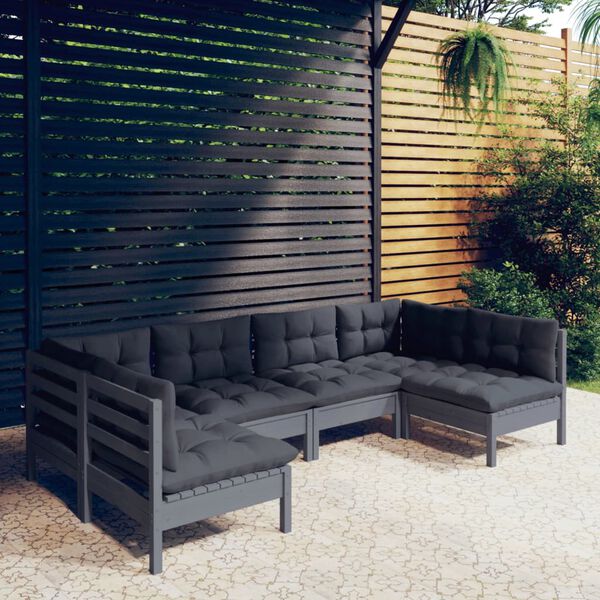 vidaXL 6 pcs conjunto lounge de jardim + almofad&otilde;es pinho maci&ccedil;o cinza