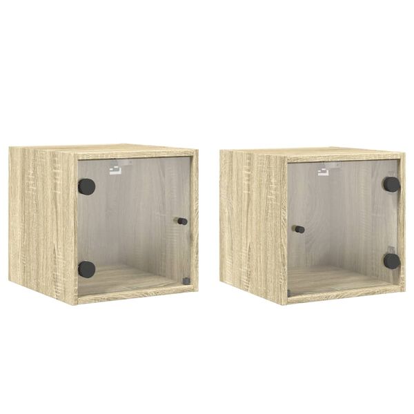 vidaXL Mesa cabeceira c/ portas vidro 2 pcs 35x37x35cm carvalho sonoma