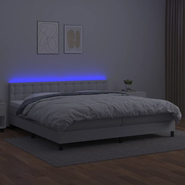 vidaXL Cama box spring c/colch&atilde;o/LED 200x200cm couro artificial branco