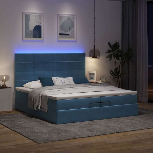 vidaXL Cama otomana com colch&otilde;es/LEDs 200x200 cm veludo azul-escuro