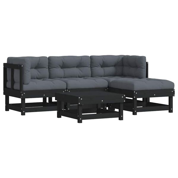 vidaXL 5pcs conjunto lounge jardim com almofad&otilde;es madeira maci&ccedil;a preto