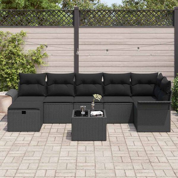 vidaXL Conjunto de Sof&aacute; de Jardim com almofada 8 pcs Preto vime PE