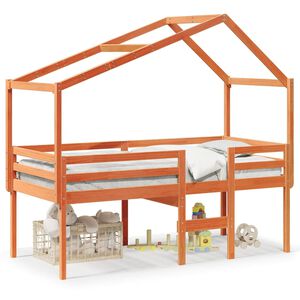 vidaXL Cama alta com telhado 90x190 cm pinho maci&ccedil;o castanho-mel