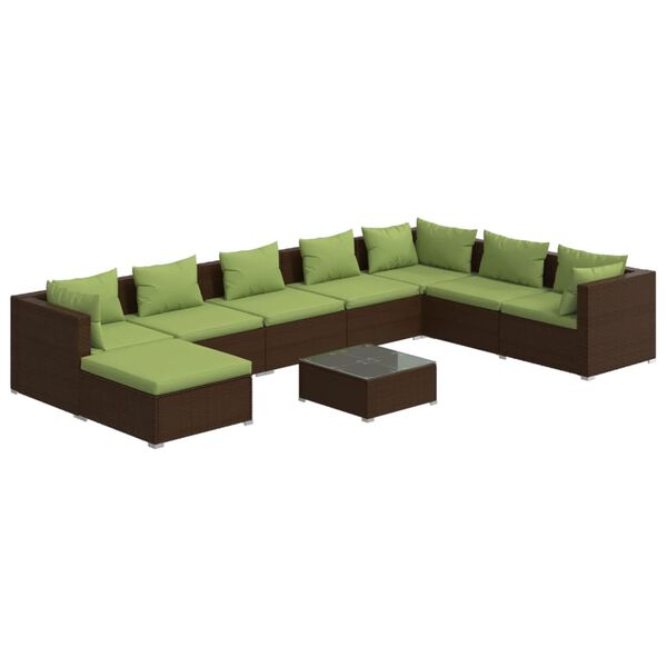 vidaXL 9 pcs conjunto lounge jardim c/ almofad&otilde;es vime PE castanho