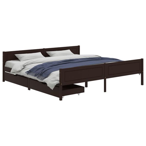 vidaXL Cama com 2 gavetas 200x200 cm pinho maci&ccedil;o castanho-escuro