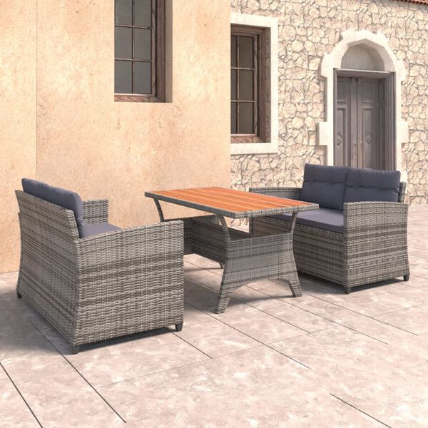 vidaXL 3 pcs conjunto lounge de jardim c/ almofad&otilde;es vime PE cinzento