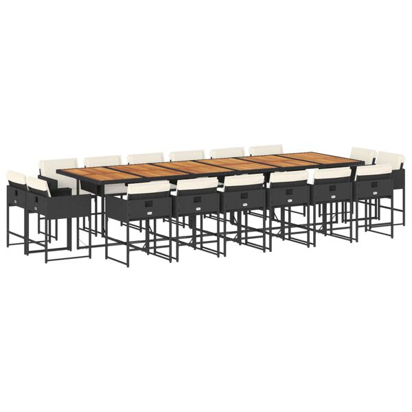 vidaXL 17 pcs conjunto de jantar p/ jardim c/ almofad&otilde;es vime PE preto