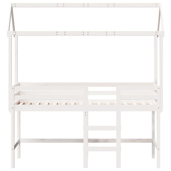 vidaXL Cama alta c/ escada e telhado 90x190 cm pinho maci&ccedil;o branco