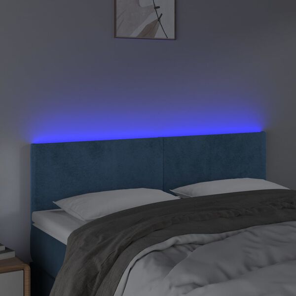 vidaXL Cabeceira de cama c/ luzes LED veludo 144x5x78/88cm azul-escuro