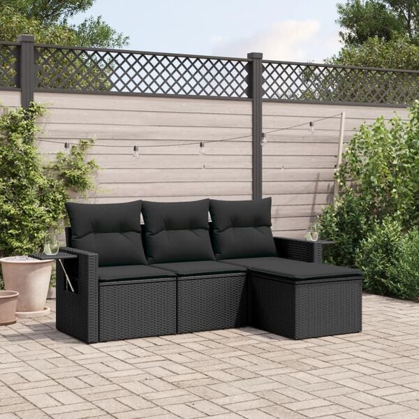 vidaXL 4 pcs conjunto de sofás para jardim c/ almofadões vime PE preto