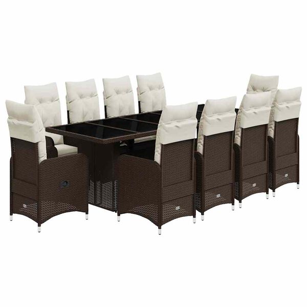 vidaXL 11 pcs conj. de bistr&ocirc; p/ jardim c/ almofad&otilde;es vime PE castanho