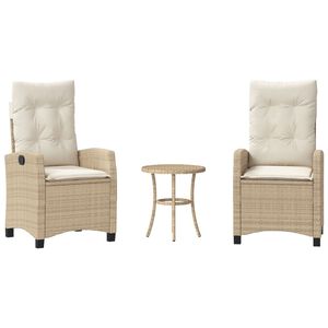 vidaXL 3 pcs conjunto bistr&ocirc; com almofad&otilde;es vime PE bege