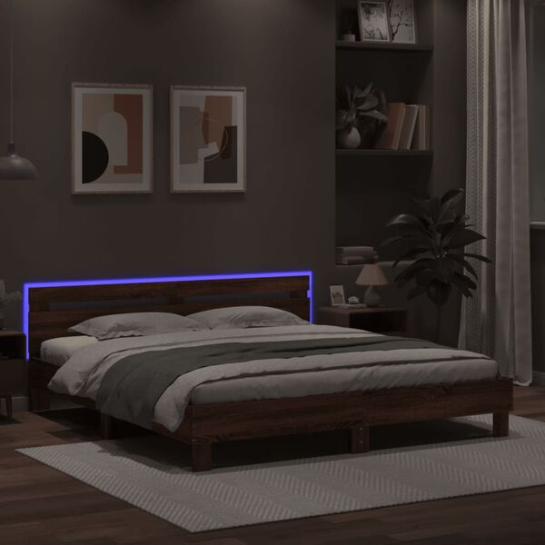 vidaXL Estrutura cama cabeceira/luzes LED 200x200cm carvalho castanho