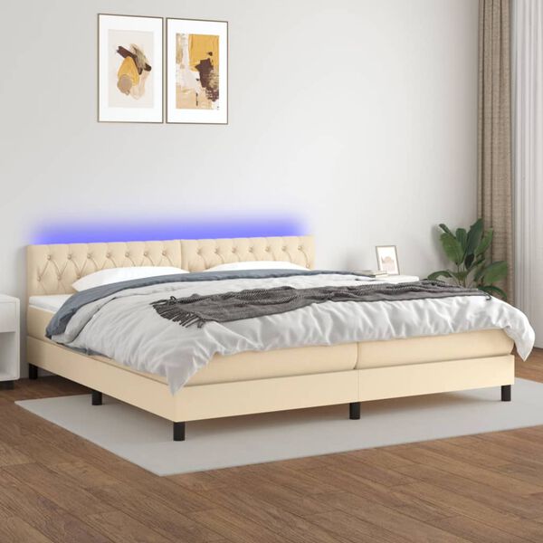 vidaXL Cama box spring c/ colch&atilde;o e LED 200x200 cm tecido cor creme